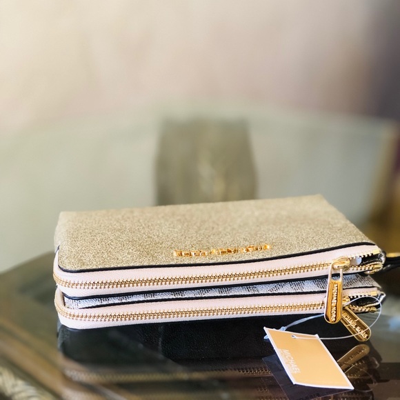 NWT Michael Kors glitter Double Zip gusset wallet - Picture 2 of 7